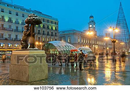 Snowcovered Puerta del Sol, night view. Madrid, Spain. View Large Photo Image Stock Photograph - Snowcovered Puerta del Sol, night view. Madrid, Spain.. Fotosearch