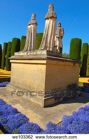 Statues of Queen Isabel, King Fernando and Christopher Columbus in the gardens of the Alcazar of Catholic Kings, Cordoba Andalusia, Spain View Large Photo Image Stock Image - Statues of Queen Isabel, King Fernando and Christopher Columbus in the gardens of the Alcazar of Catholic Kings, Cordoba Andalusia, Spain. Fotosearch