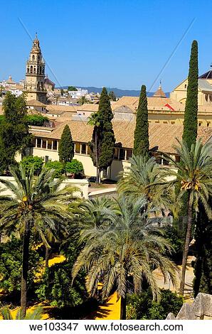 The Alcazar of Catholic Kings and minaret tower of the Great Mosque Cordoba Andalusia, Spain View Large Photo Image Stock Photo - The Alcazar of Catholic Kings and minaret tower of the Great Mosque Cordoba Andalusia, Spain. Fotosearch