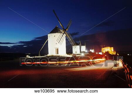 Stock Photography - Windmills, night view Consuegra, Toledo province, Castilla La Mancha, Spain. Fotosearch