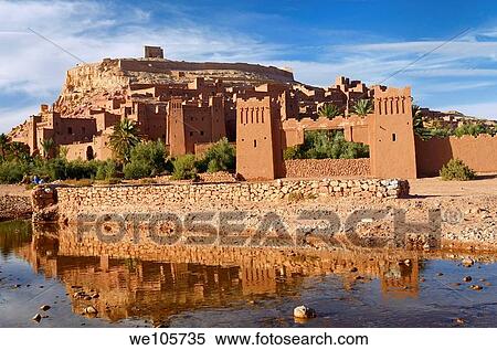 Stock Photography - Ait Benhaddou reflected in the water of Ounila River or Wadi Mellah near Ouarzazate Morocco. Fotosearch