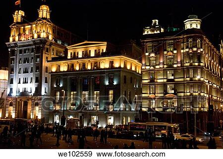 Stock Photo - Architecture in the Bund at night, Shanghai, China. Fotosearch