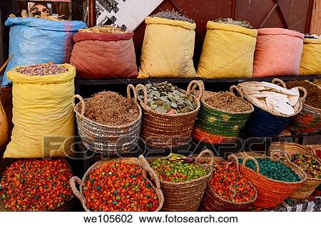 Bags and baskets of herbs at a shop in the souk of Marrakech Morocco View Large Photo Image Stock Image - Bags and baskets of herbs at a shop in the souk of Marrakech Morocco. Fotosearch