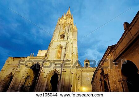 Cathedral in Plaza de Alfonso II el Casto at dusk, Oviedo, Asturias, Spain View Large Photo Image Picture - Cathedral in Plaza de Alfonso II el Casto at dusk, Oviedo, Asturias, Spain. Fotosearch
