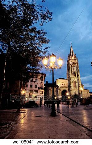 Cathedral in Plaza de Alfonso II el Casto at dusk, Oviedo, Asturias, Spain View Large Photo Image Stock Image - Cathedral in Plaza de Alfonso II el Casto at dusk, Oviedo, Asturias, Spain. Fotosearch