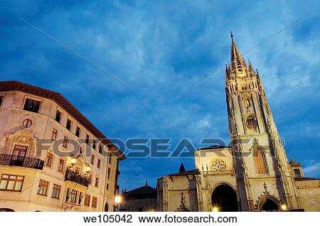Stock Image - Cathedral in Plaza de Alfonso II el Casto at dusk, Oviedo, Asturias, Spain. Fotosearch