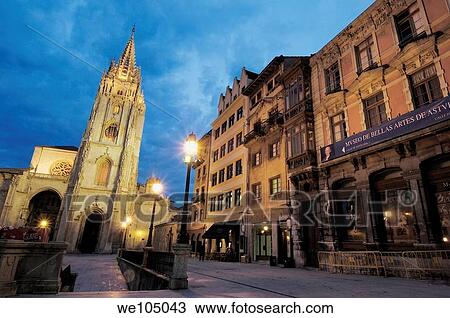 Stock Image - Cathedral in Plaza de Alfonso II el Casto at dusk, Oviedo, Asturias, Spain. Fotosearch