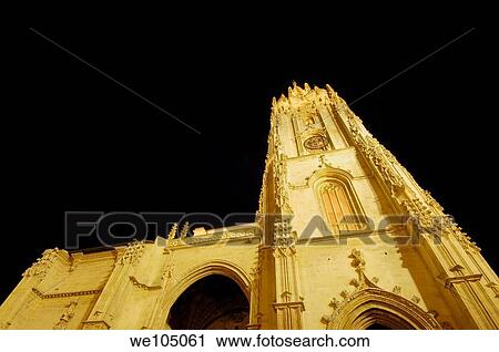 Stock Image - Cathedral in Plaza de Alfonso II el Casto at night, Oviedo, Asturias, Spain. Fotosearch