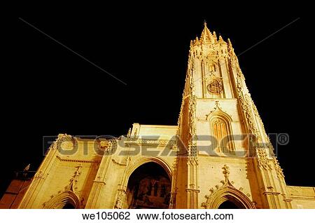 Stock Image - Cathedral in Plaza de Alfonso II el Casto at night, Oviedo, Asturias, Spain. Fotosearch
