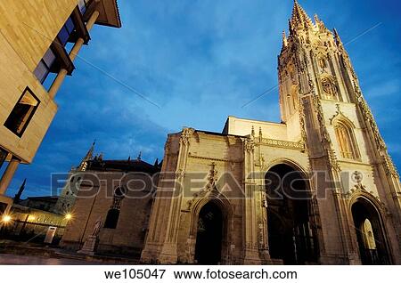 Stock Photo - Cathedral in Plaza de Alfonso II el Casto at dusk, Oviedo, Asturias, Spain. Fotosearch