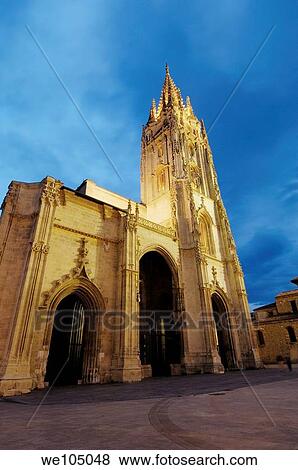 Stock Photo - Cathedral in Plaza de Alfonso II el Casto at dusk, Oviedo, Asturias, Spain. Fotosearch