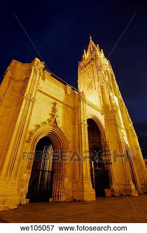 Stock Photo - Cathedral in Plaza de Alfonso II el Casto at night, Oviedo, Asturias, Spain. Fotosearch