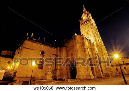 Cathedral in Plaza de Alfonso II el Casto at night, Oviedo, Asturias, Spain View Large Photo Image Stock Photo - Cathedral in Plaza de Alfonso II el Casto at night, Oviedo, Asturias, Spain. Fotosearch