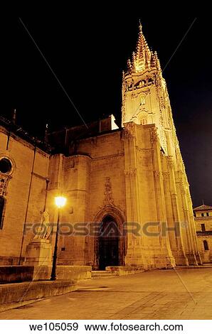 Cathedral in Plaza de Alfonso II el Casto at night, Oviedo, Asturias, Spain View Large Photo Image Stock Photo - Cathedral in Plaza de Alfonso II el Casto at night, Oviedo, Asturias, Spain. Fotosearch