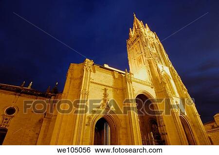 Cathedral in Plaza de Alfonso II el Casto at dusk, Oviedo, Asturias, Spain View Large Photo Image Stock Photograph - Cathedral in Plaza de Alfonso II el Casto at dusk, Oviedo, Asturias, Spain. Fotosearch