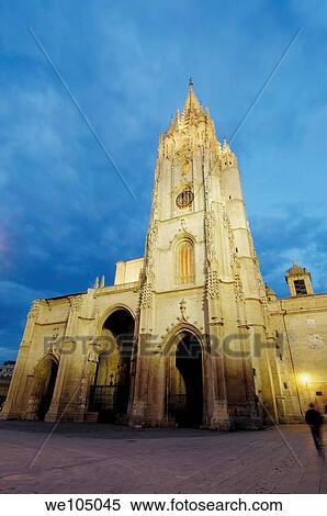 Cathedral in Plaza de Alfonso II el Casto at dusk, Oviedo, Asturias, Spain View Large Photo Image Stock Photography - Cathedral in Plaza de Alfonso II el Casto at dusk, Oviedo, Asturias, Spain. Fotosearch