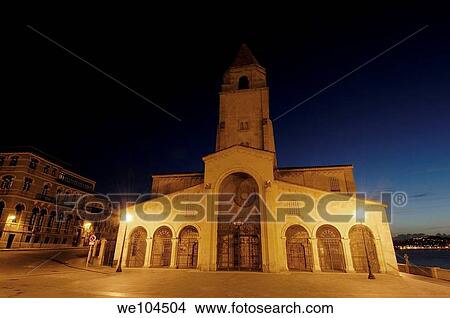 Church of San Pedro at night, Gijon, Asturias, Spain View Large Photo Image Picture - Church of San Pedro at night, Gijon, Asturias, Spain. Fotosearch