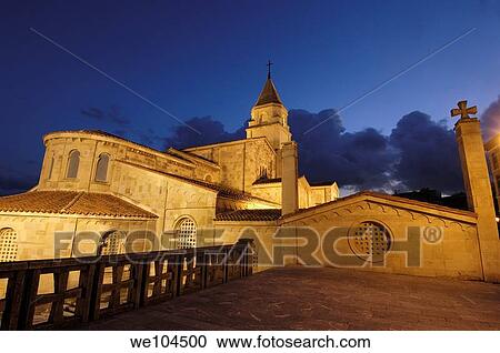Stock Image - Church of San Pedro at night, Gijon, Asturias, Spain. Fotosearch