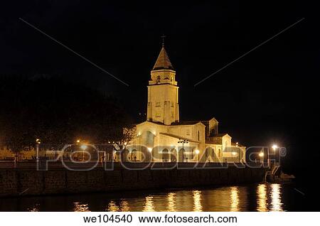 Stock Image - Church of San Pedro at night, Gijon, Asturias, Spain. Fotosearch