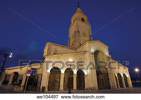 Church of San Pedro at night, Gijon, Asturias, Spain View Large Photo Image Stock Photo - Church of San Pedro at night, Gijon, Asturias, Spain. Fotosearch