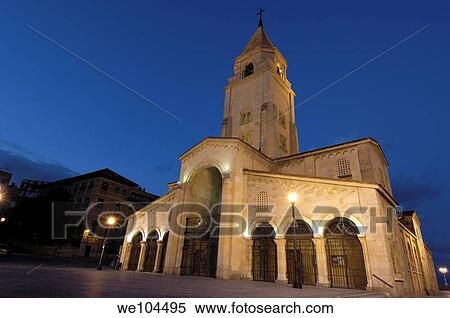Stock Photography - Church of San Pedro at night, Gijon, Asturias, Spain. Fotosearch