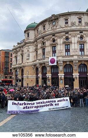 Stock Photograph - Convocatoría contra la violencía sexista enfrente del teatro Arriaga Bilbao Vizcaya Pais Vasco España Europa. Fotosearch