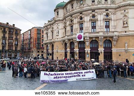Convocatoría contra la violencía sexista enfrente del teatro Arriaga Bilbao Vizcaya Pais Vasco España Europa View Large Photo Image Stock Photography - Convocatoría contra la violencía sexista enfrente del teatro Arriaga Bilbao Vizcaya Pais Vasco España Europa. Fotosearch