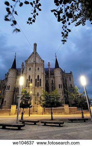 Episcopal Palace (1887-1893) by Gaudi at night, Astorga, Way of St James, Leon province, Castilla-Leon, Spain View Large Photo Image Stock Photo - Episcopal Palace (1887-1893) by Gaudi at night, Astorga, Way of St James, Leon province, Castilla-Leon, Spain. Fotosearch