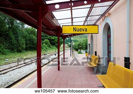Stock Photo - FEVE railway station. Nueva, Asturias province, Spain.. Fotosearch