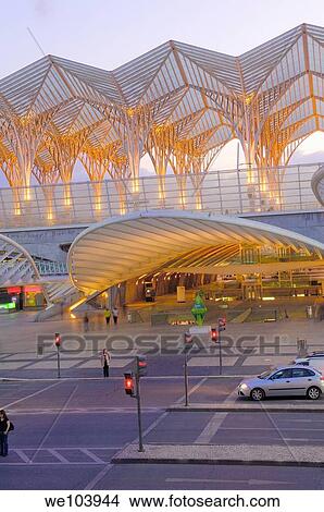 Gare do Oriente railway station by Santiago Calatrava at dusk, Parque das Nações, Lisbon, Portugal View Large Photo Image Picture - Gare do Oriente railway station by Santiago Calatrava at dusk, Parque das Nações, Lisbon, Portugal. Fotosearch