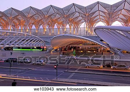 Gare do Oriente railway station by Santiago Calatrava at dusk, Parque das Nações, Lisbon, Portugal View Large Photo Image Stock Image - Gare do Oriente railway station by Santiago Calatrava at dusk, Parque das Nações, Lisbon, Portugal. Fotosearch