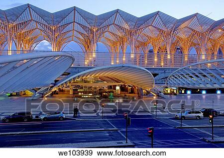 Gare do Oriente railway station by Santiago Calatrava at dusk, Parque das Nações, Lisbon, Portugal View Large Photo Image Stock Photo - Gare do Oriente railway station by Santiago Calatrava at dusk, Parque das Nações, Lisbon, Portugal. Fotosearch