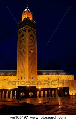 Gold artificial lights on Hassan II Mosque and minaret at night in Casablanca Morocco View Large Photo Image Stock Photo - Gold artificial lights on Hassan II Mosque and minaret at night in Casablanca Morocco. Fotosearch