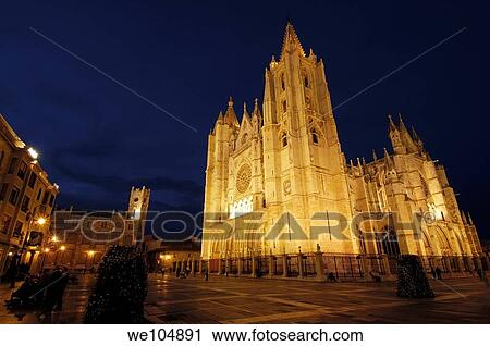 Gothic cathedral of Santa Maria de Regla at night, Leon, Castilla-Leon, Spain View Large Photo Image Stock Image - Gothic cathedral of Santa Maria de Regla at night, Leon, Castilla-Leon, Spain. Fotosearch
