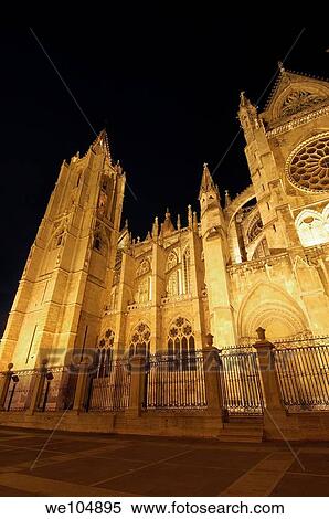 Gothic cathedral of Santa Maria de Regla at night, Leon, Castilla-Leon, Spain View Large Photo Image Stock Photography - Gothic cathedral of Santa Maria de Regla at night, Leon, Castilla-Leon, Spain. Fotosearch
