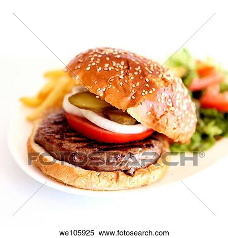 Hamburger with french fries and salad on white background View Large Photo Image Stock Photography - Hamburger with french fries and salad on white background. Fotosearch