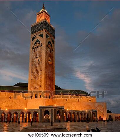 Stock Photo - Hassan II Mosque and minaret in Casablanca Morocco at dusk. Fotosearch