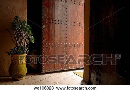 Stock Image - Jade tree in a yellow pot by the doorway in the Oudaia Kasbah Rabat Morocco. Fotosearch