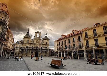 Stock Photo - Main square and Town Hall, Astorga, Way of St James, Leon province, Castilla-Leon, Spain. Fotosearch