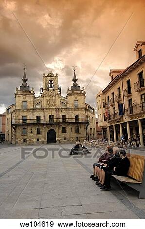 Stock Photo - Main square and Town Hall, Astorga, Way of St James, Leon province, Castilla-Leon, Spain. Fotosearch