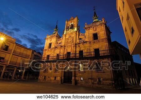 Stock Photography - Main square and Town Hall, Astorga, Way of St James, Leon province, Castilla-Leon, Spain. Fotosearch