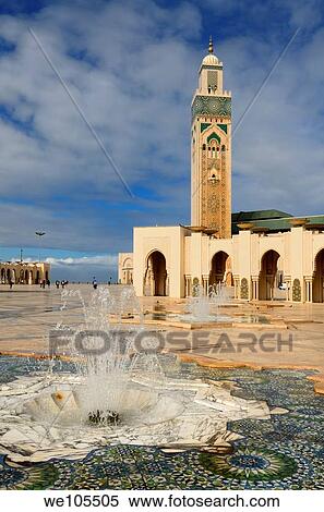 Minaret and fountains at the Hassan II Mosque in Casablanca Morocco View Large Photo Image Stock Photography - Minaret and fountains at the Hassan II Mosque in Casablanca Morocco. Fotosearch
