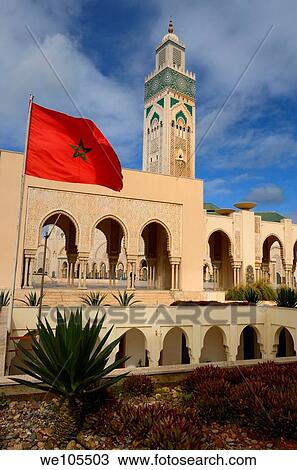 Moroccan flag and gardens at the Hassan II Mosque in Casablanca Morocco View Large Photo Image Stock Image - Moroccan flag and gardens at the Hassan II Mosque in Casablanca Morocco. Fotosearch