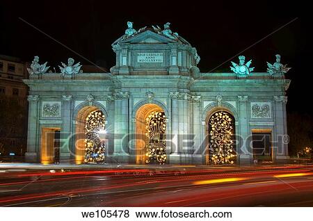 Night view of Puerta de Alcalá with Christmas decoration, Comunidad de Madrid, Spain, Europe View Large Photo Image Stock Photo - Night view of Puerta de Alcalá with Christmas decoration, Comunidad de Madrid, Spain, Europe. Fotosearch