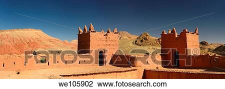 Stock Image - Panorama of Dades Gorge in the High Atlas mountains from Kasbah Ait Youl rooftop. Fotosearch