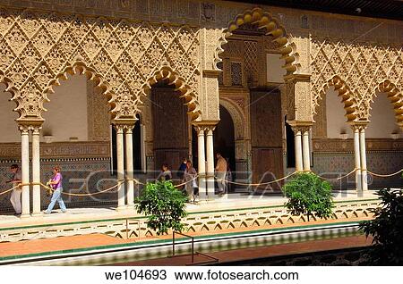 Stock Image - Patio de las Doncellas, Reales Alcazares, Seville, Andalusia, Spain. Fotosearch