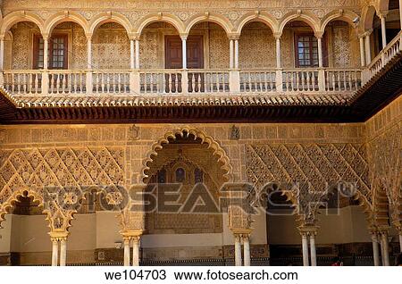 Stock Image - Patio de las Doncellas, Reales Alcazares, Seville, Andalusia, Spain. Fotosearch
