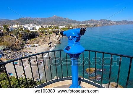 Stock Image - Playa Calahonda, view from Balcon de Europa, Nerja, Costa del Sol, Malaga province, Andalusia, Spain. Fotosearch