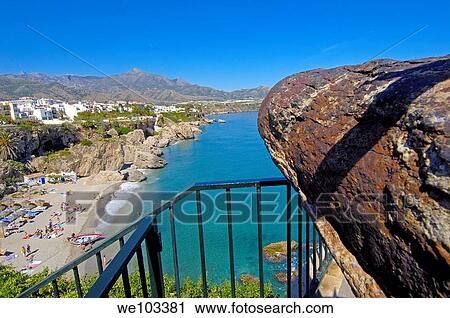 Stock Image - Playa Calahonda, view from Balcon de Europa, Nerja, Costa del Sol, Malaga province, Andalusia, Spain. Fotosearch
