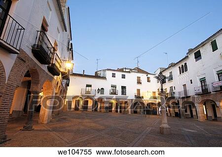 Stock Photography - Plaza Chica at dusk, Zafra, Badajoz province, Extremadura, Spain. Fotosearch